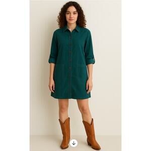 J Jill Corduroy Shift Dress PXS Teal Roll tab Sleeves Soft Cozy Fall Winter